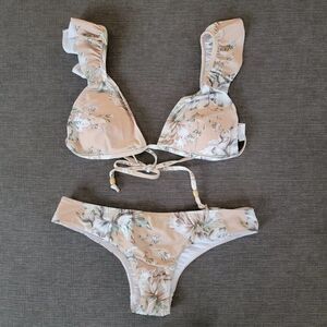 Jaase Women's Beige Floral Ruffle Strap Two Piece Bikini Set Top & Bottom Size M